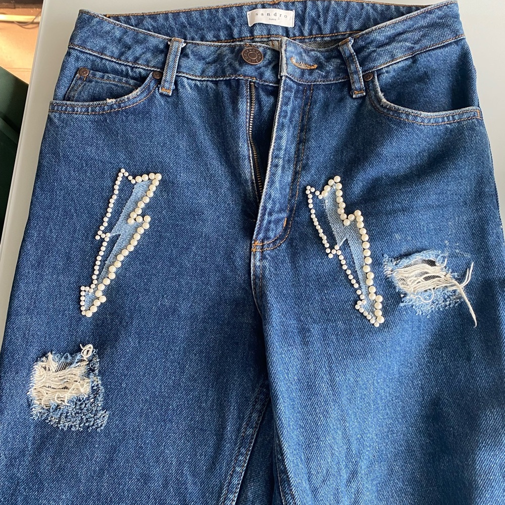 Sandro Paris “Rebecca” pearl lightning bolt appliqué jeans